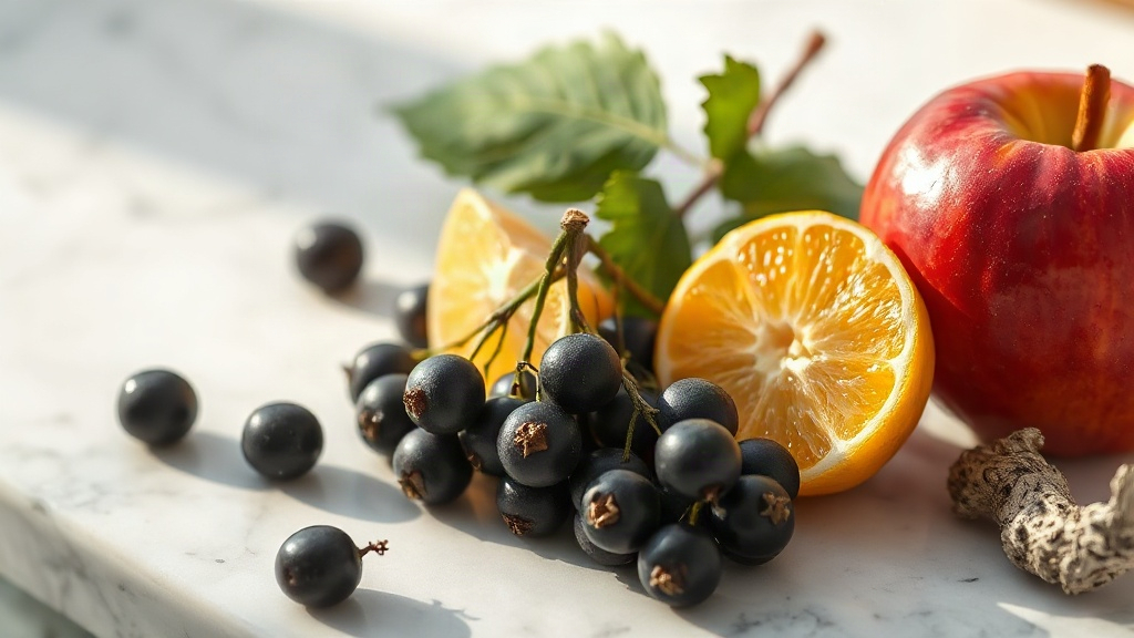overripe blackcurrant berries, fresh halved bergamot citrus, a red apple, and dried birch bark arranged on a white marbl