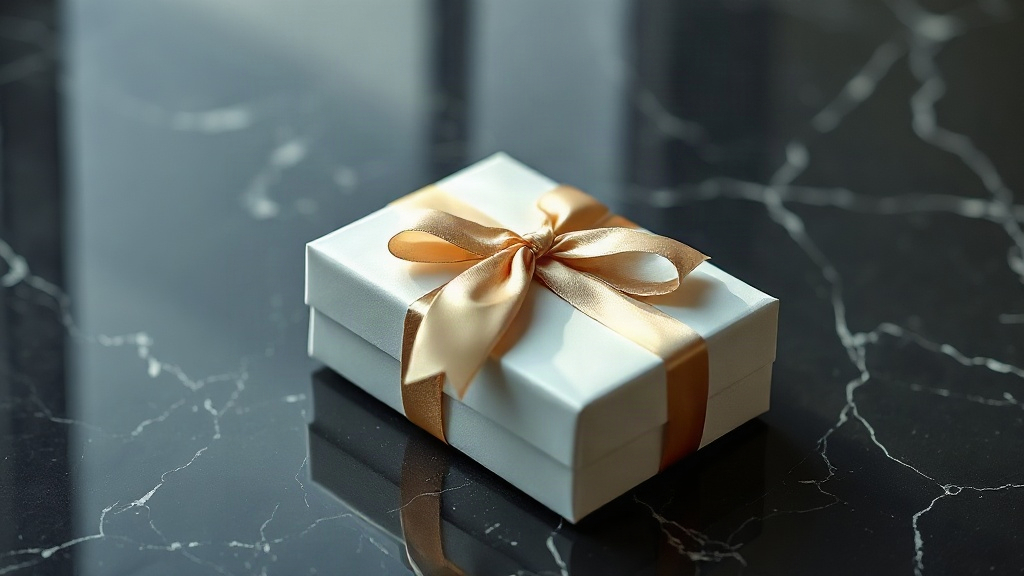 an elegant closed perfume gift box wrapped with a satin ribbon resting on a dark marble surface, soft studio lighting, c
