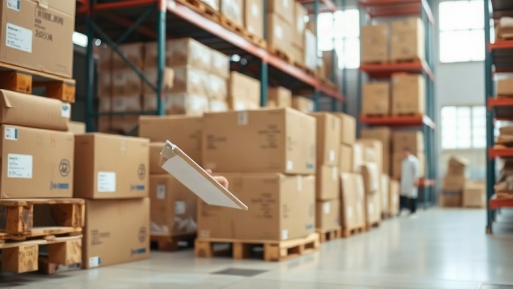 warehouse interior with wooden pallets stacked with cardboard shipping boxes, a worker's hand holding a clipboard a