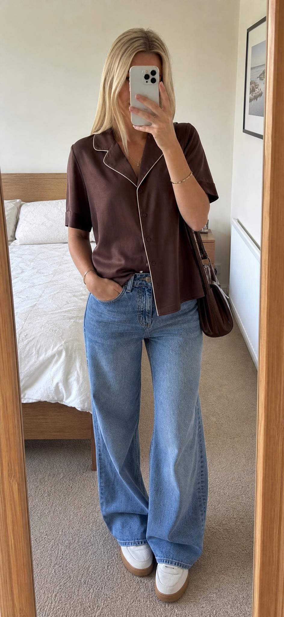 M&S Brown Satin-Look Pyjama Shirt Top with Contrast Piping New