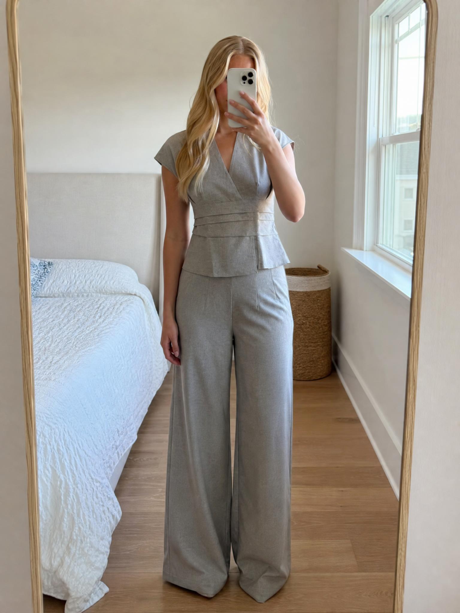 Light Grey Wide-Leg V-Neck Tailored Jumpsuit
