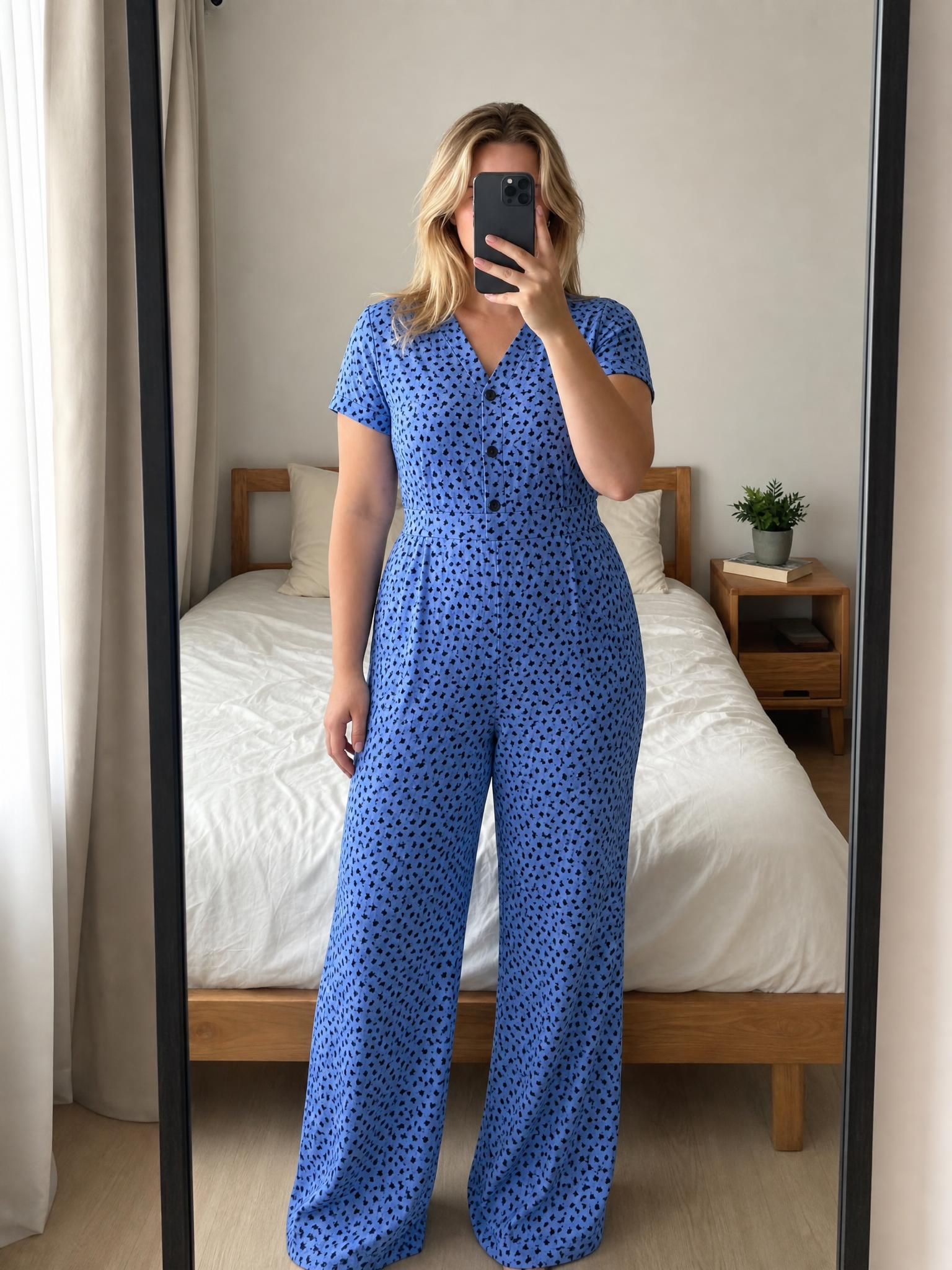 Blue Printed Wide-Leg Jumpsuit with Buttons – New