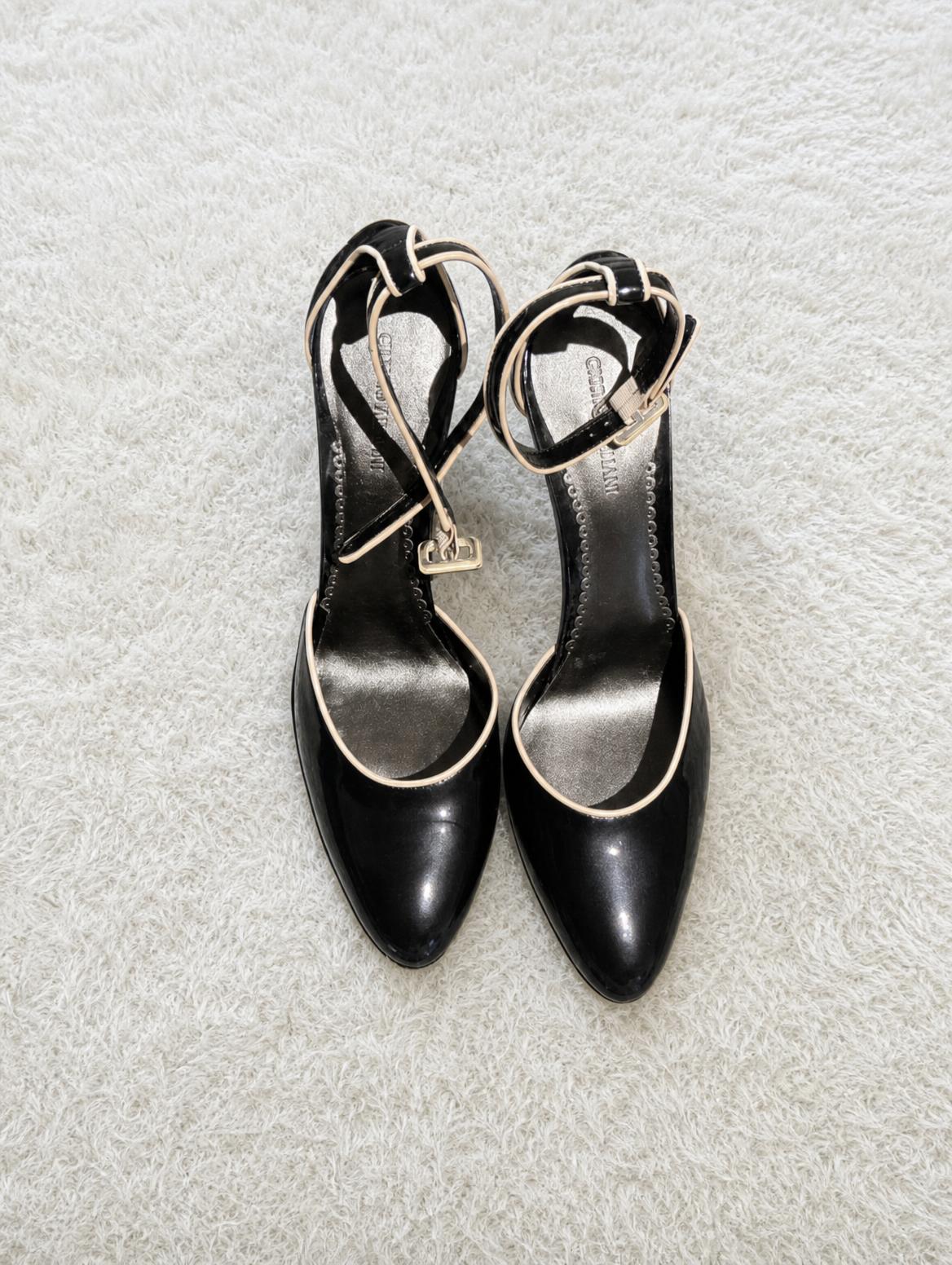 Black Pointed-Toe Slingback Heels with Nude Straps