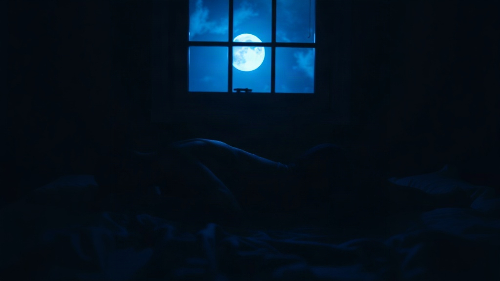 Athletic person sleeping peacefully in a dark, cozy bedroom, soft blue moonlight through window, cal