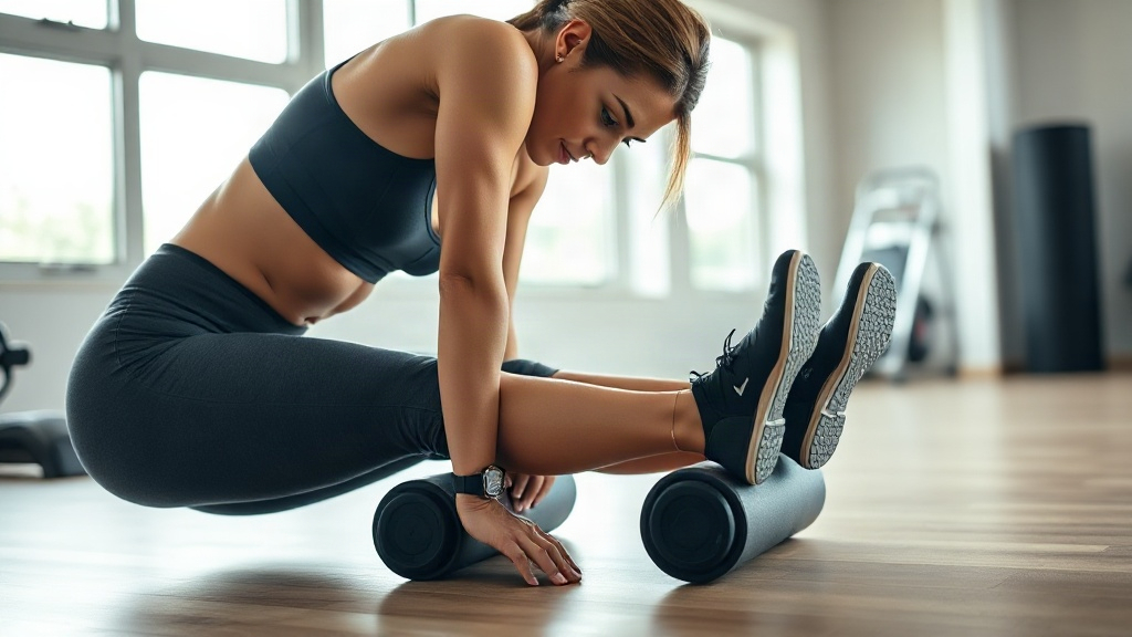 Fit woman using a foam roller on her legs after a workout, bright minimalist gym interior, close-up 