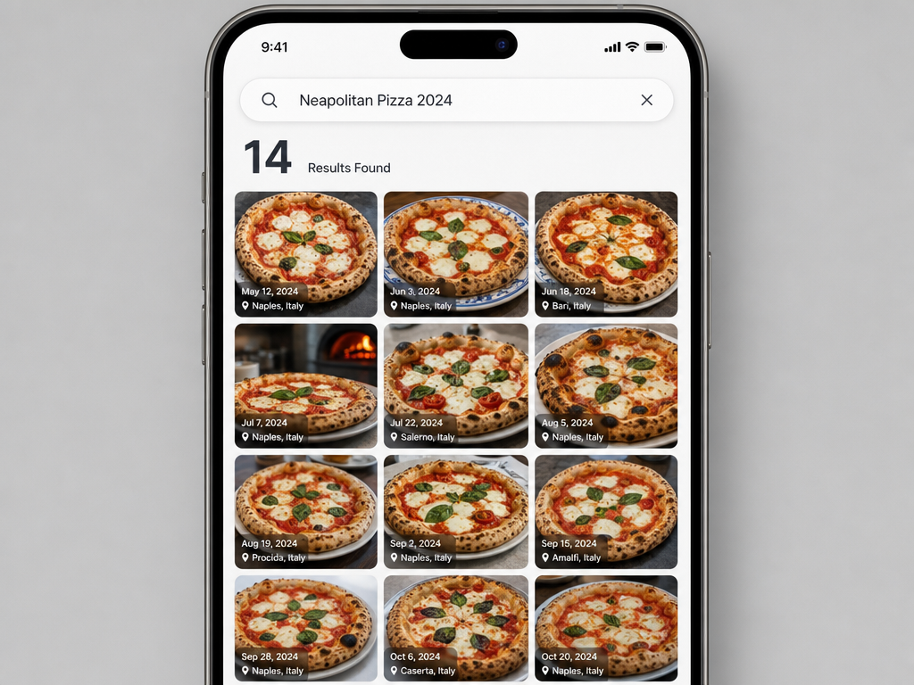 A mobile UI mockup showing a search for 'Neapolitan Pizza 2024' with a grid of results and a bold number 14 for total images found.