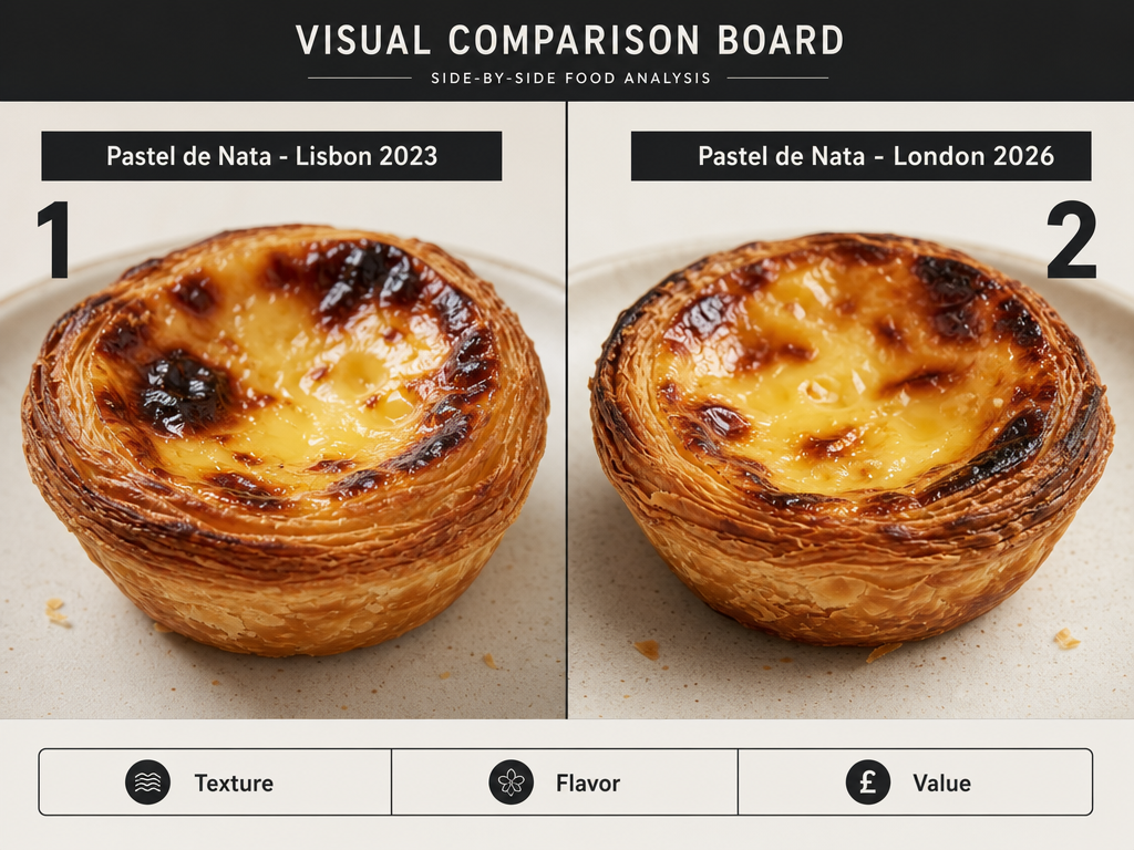 Side-by-side comparison of two pastries from Lisbon 2023 and London 2026 with text labels and a three-part evaluation bar at the bottom.