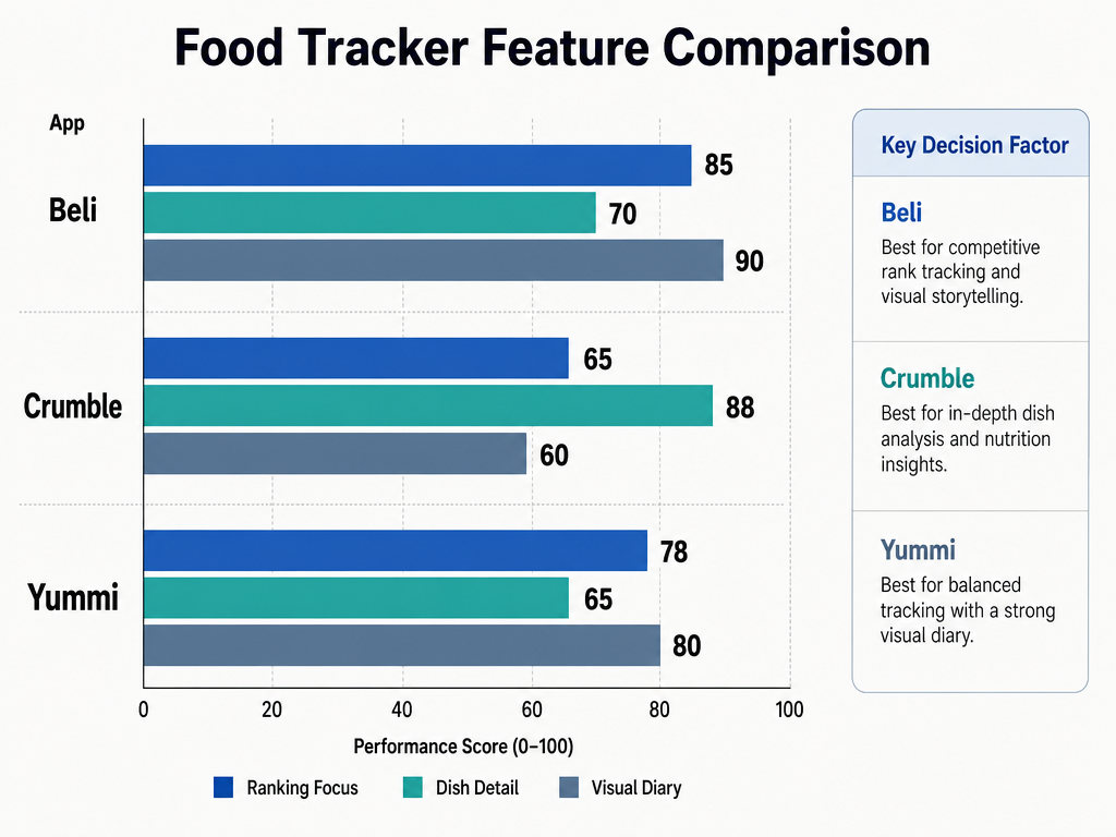 A horizontal bar chart comparing Beli, Crumble, and Yummi apps based on ranking focus, dish detail, and visual diary metrics with bold numbers.