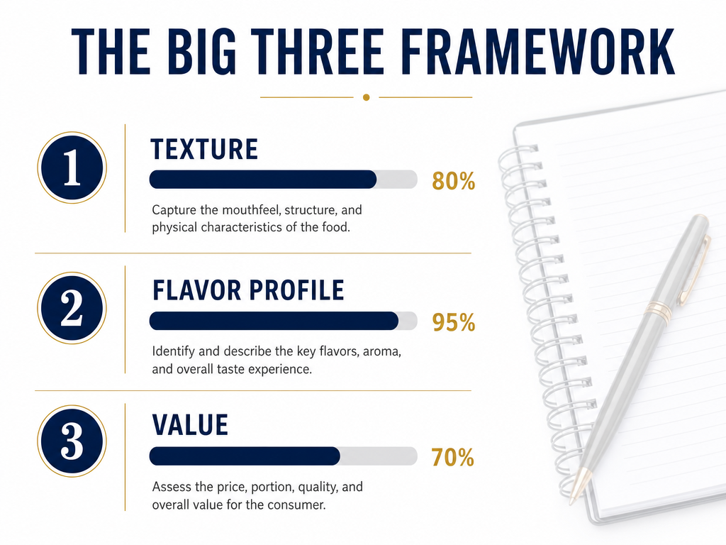 Instructional graphic showing The Big Three Framework with three sections for Texture, Flavor Profile, and Value using bold numbers and progress bars.