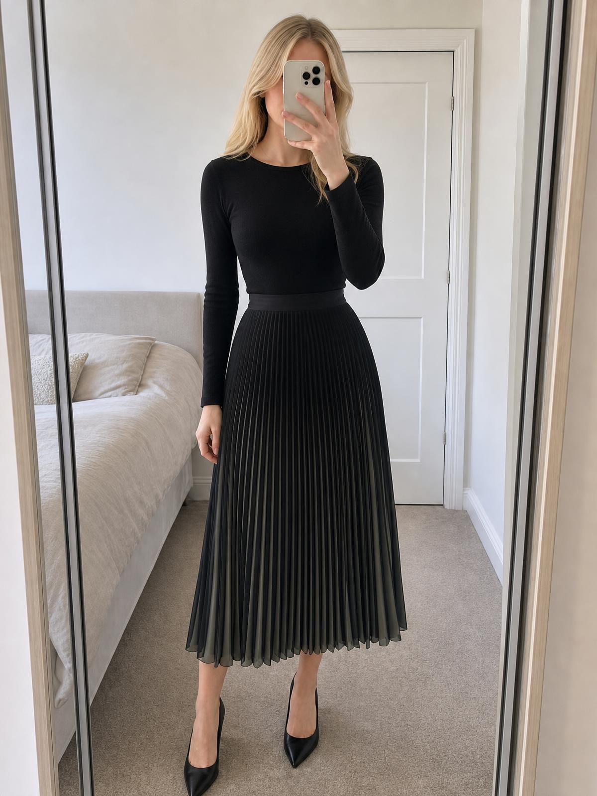 Next black pleated midi skirt – flowing A-line fit