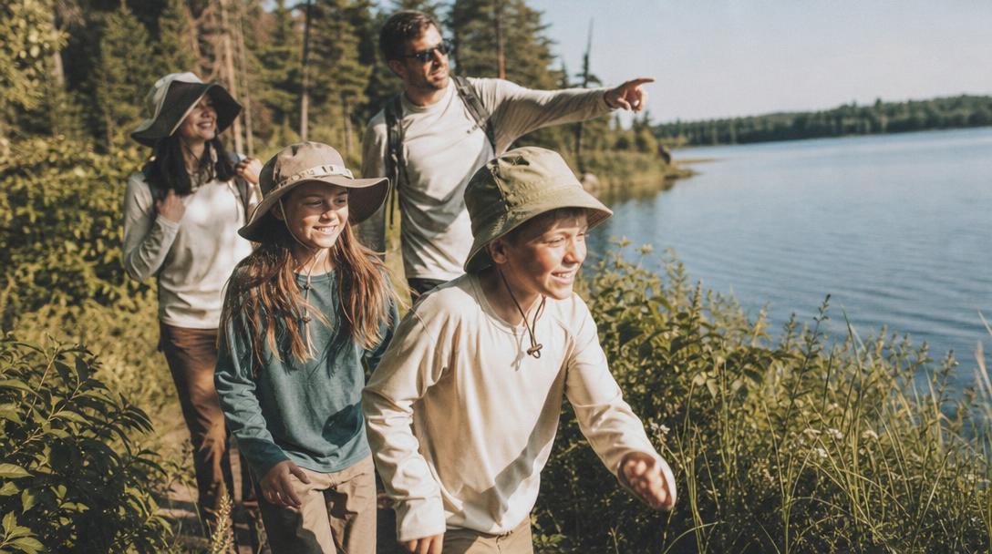 Different age kids ready for hiking outdoors