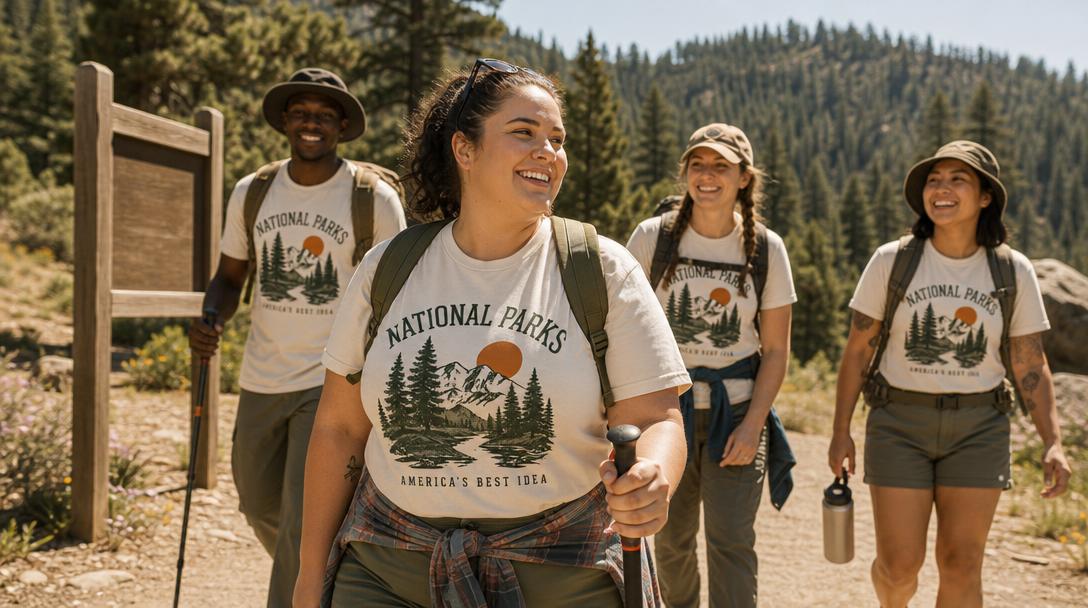 Plus size hiker choosing right sized hiking shirt