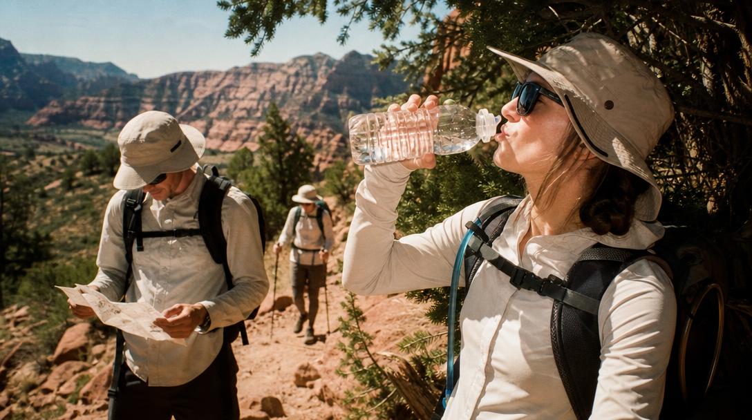 Wet cotton shirt climbing on hike showing why to avoid cotton