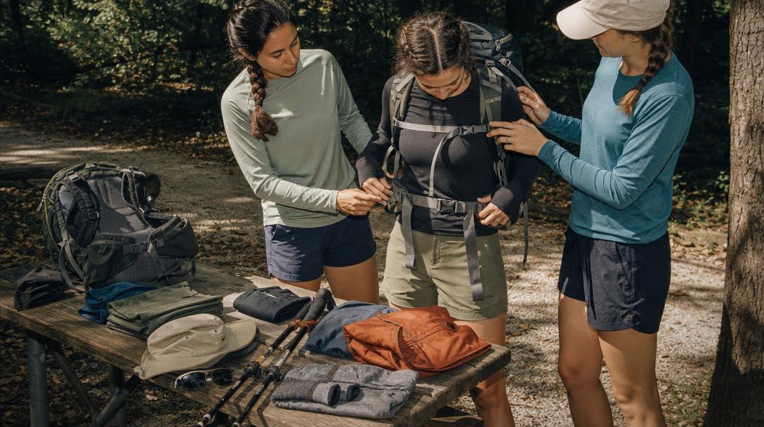 Women hiking in plus-size and women’s fit hiking shirts