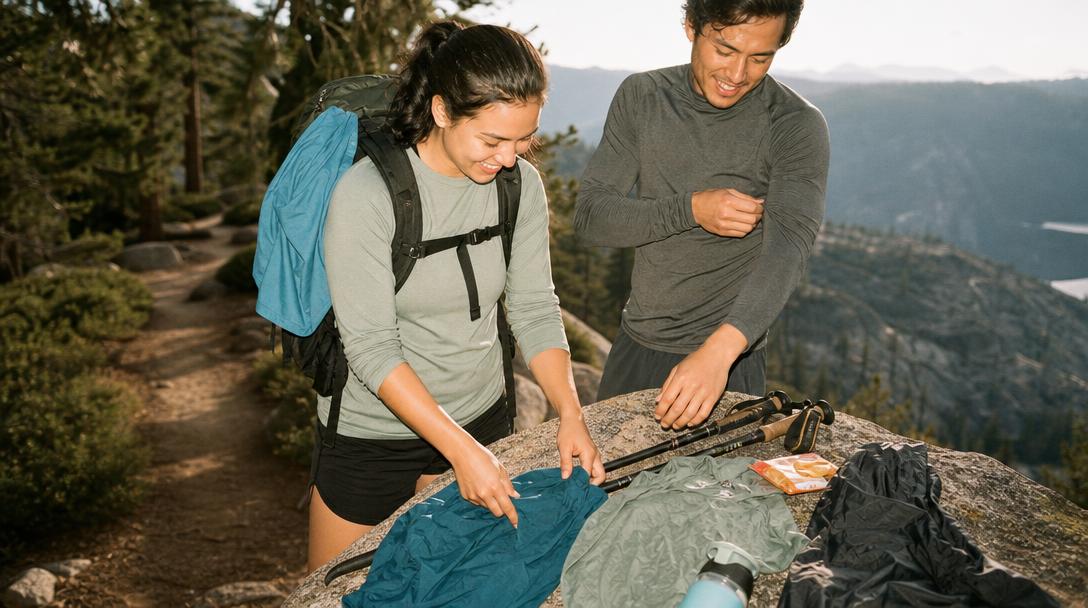 Backpacker on trail wearing outdoor clothing layers including a durable hiking shirt