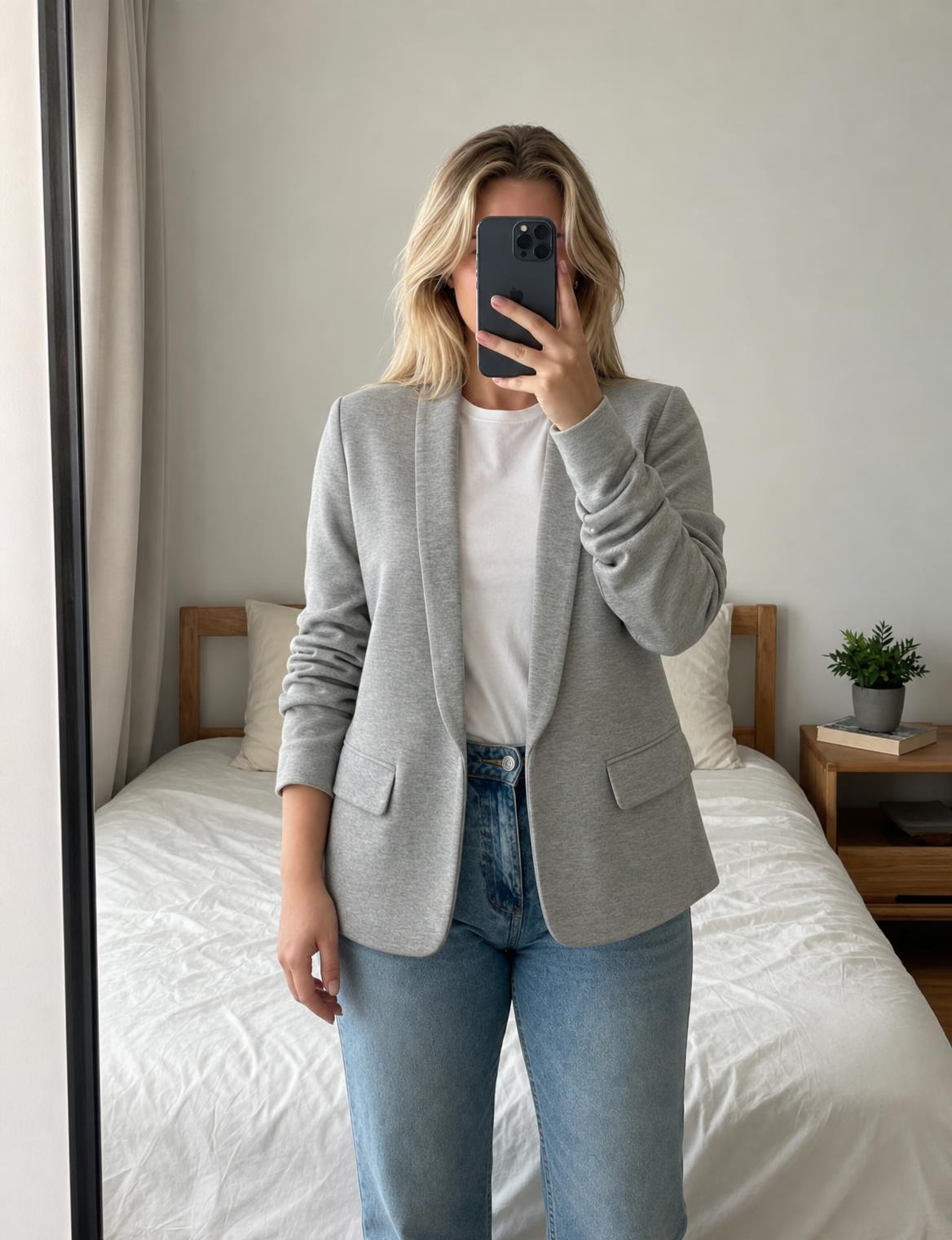 Grey open-front tailored blazer with flap pockets