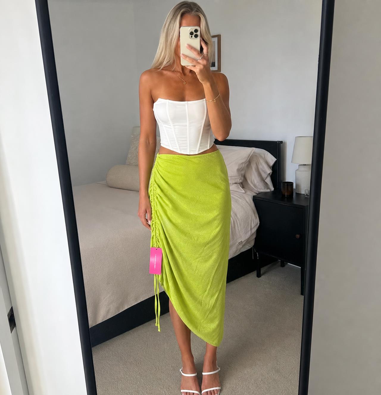 Lime Green Ruched Drawstring Mini Skirt New With Tags