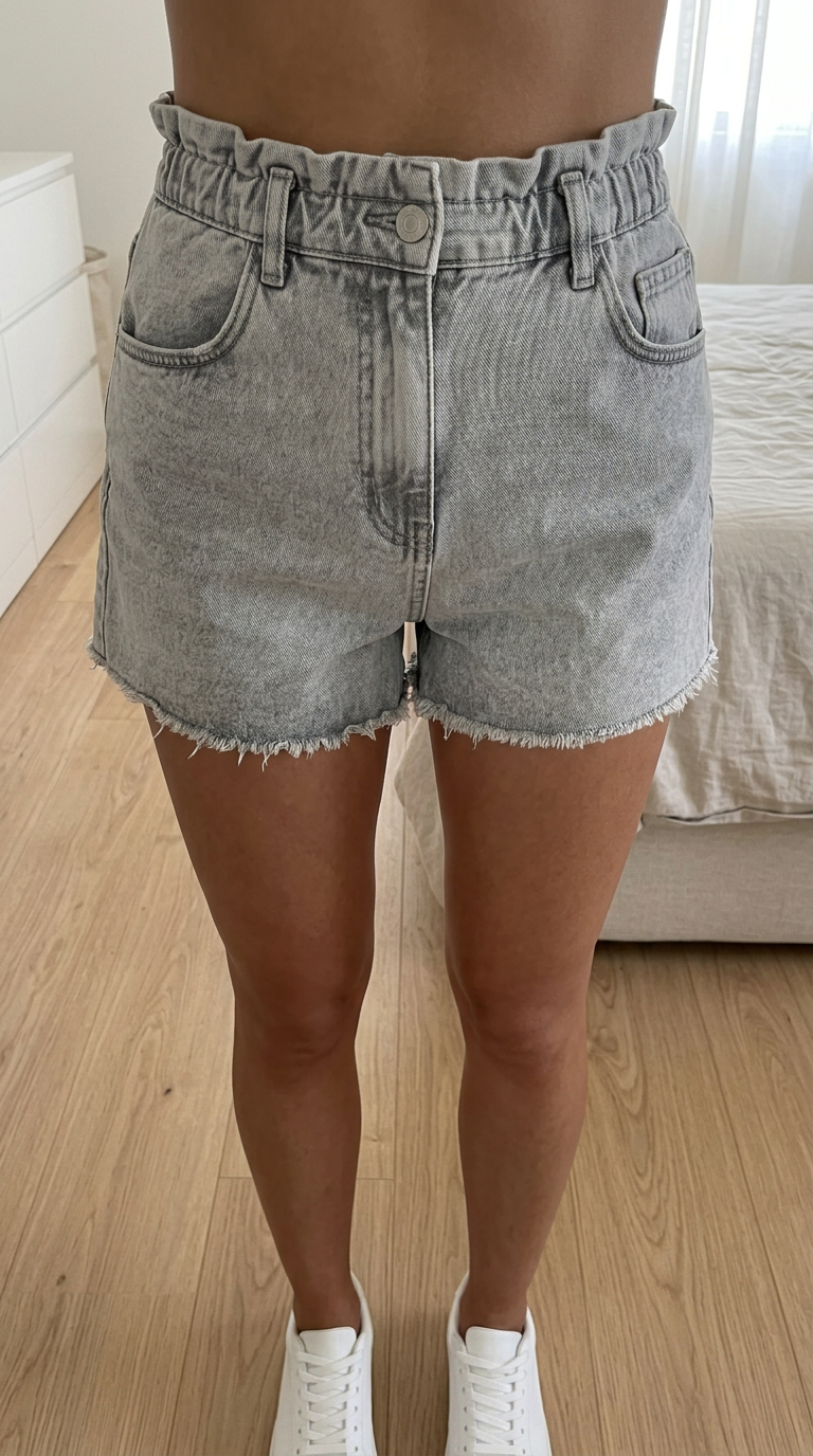 Bershka light grey denim shorts with frayed hems