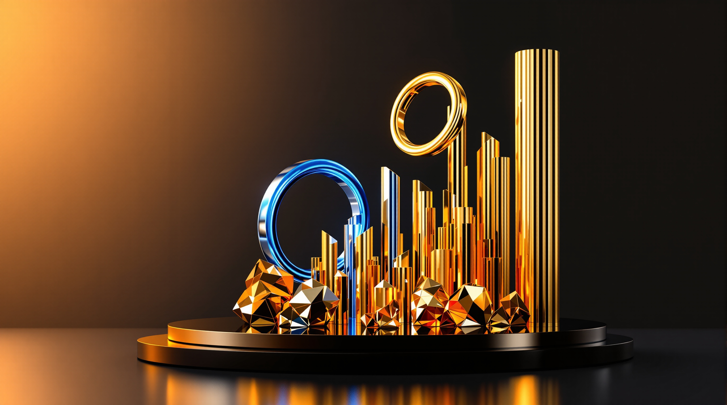 A sculptural arrangement on a low black reflective plinth: a polished gold torus and a smaller blue-silver ring (crypto), a cluster of faceted gold gl — editorial cover artwork for the Knightron story on Tech Stocks Lift Nasdaq As Treasury Yields Rise, Crypto Rall