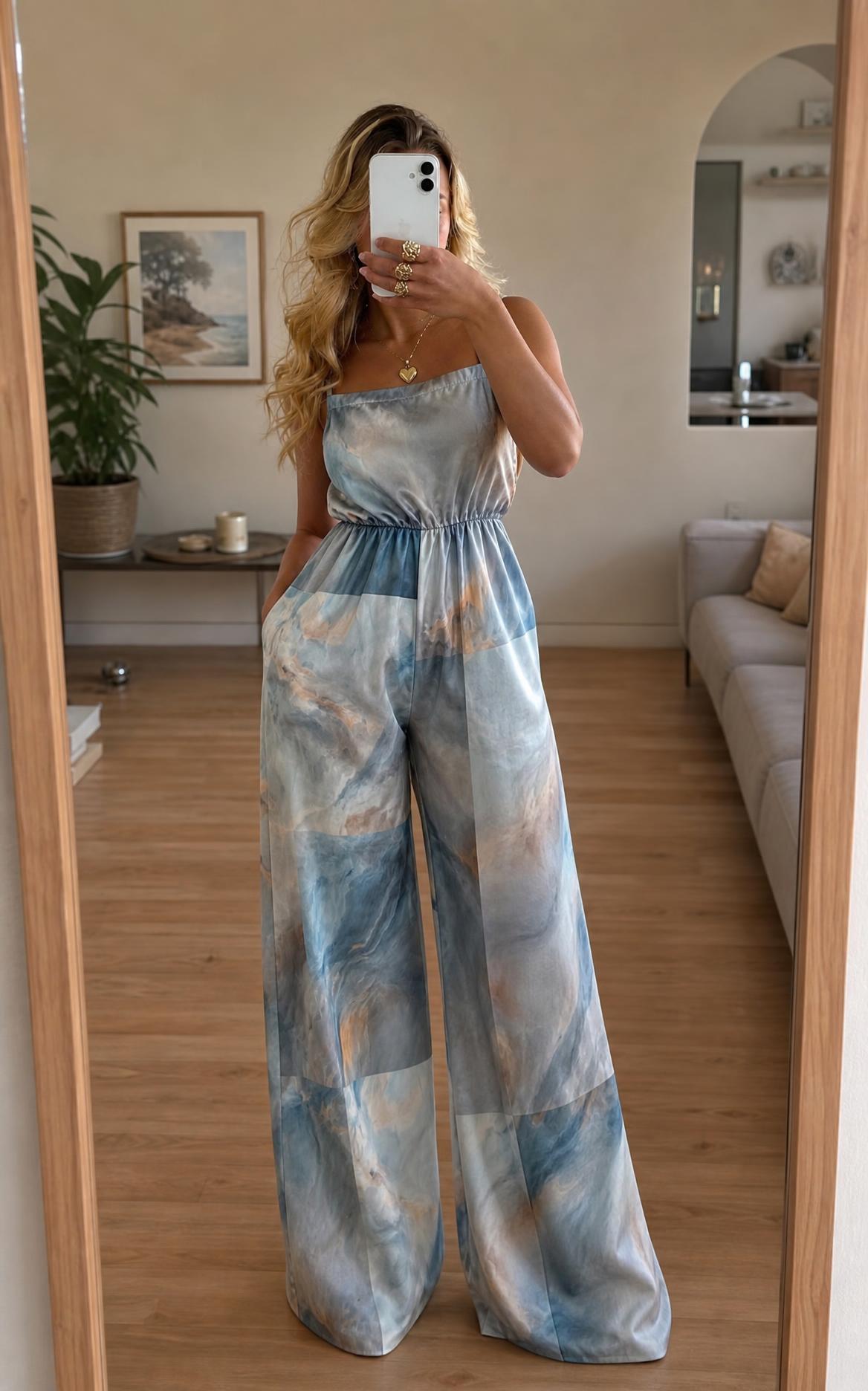 Abstract Blue Wide-Leg Halter Jumpsuit