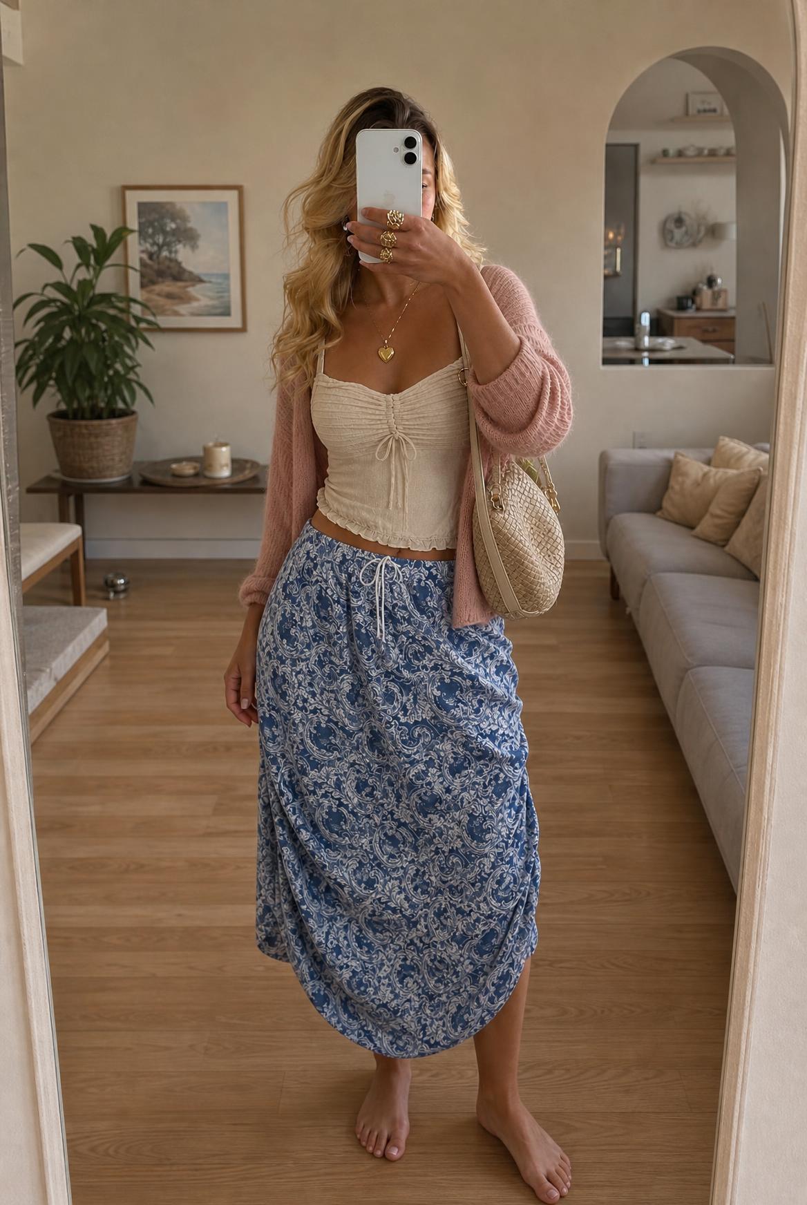 Blue White Paisley Drawstring Maxi Skirt – Very Good