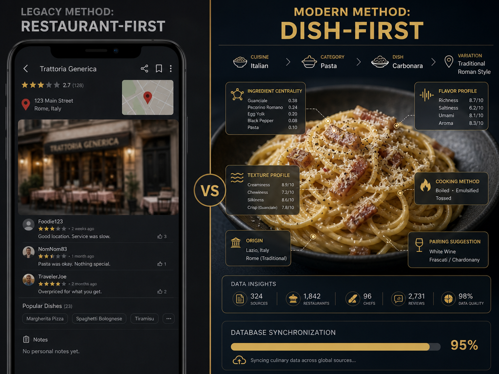 Comparison between restaurant-first and dish-first tracking methods for foodies, showing a structured culinary database versus a messy map.