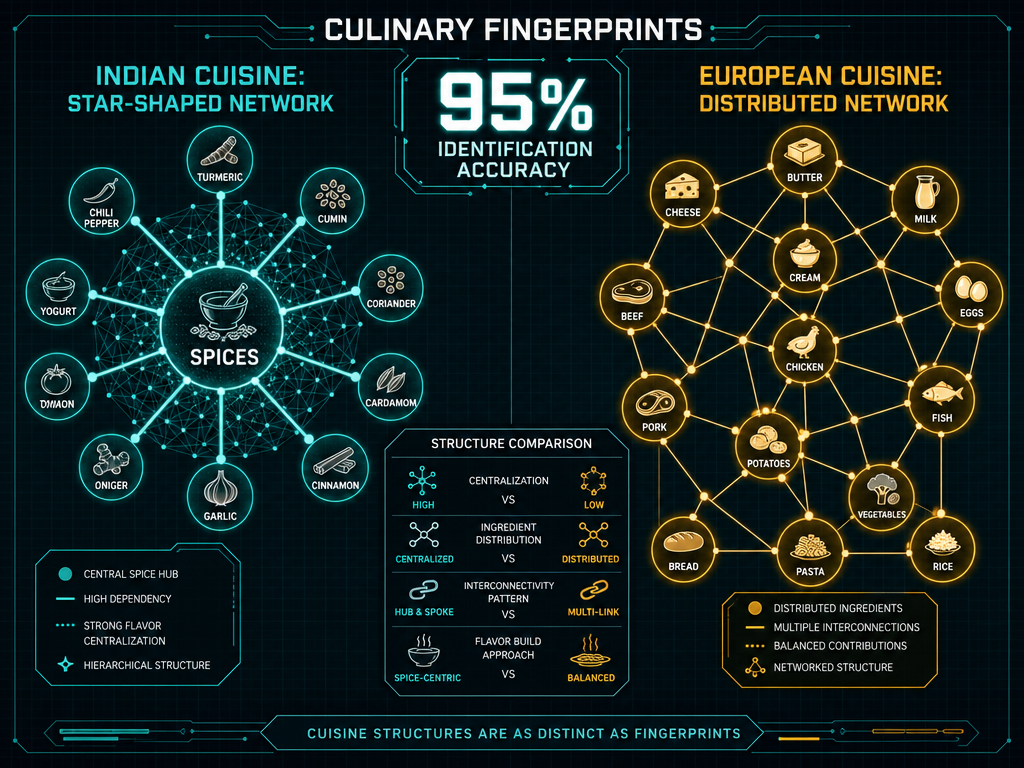 Network analysis graph comparing Indian cuisine spice-centrality with European ingredient distribution patterns as culinary fingerprints.