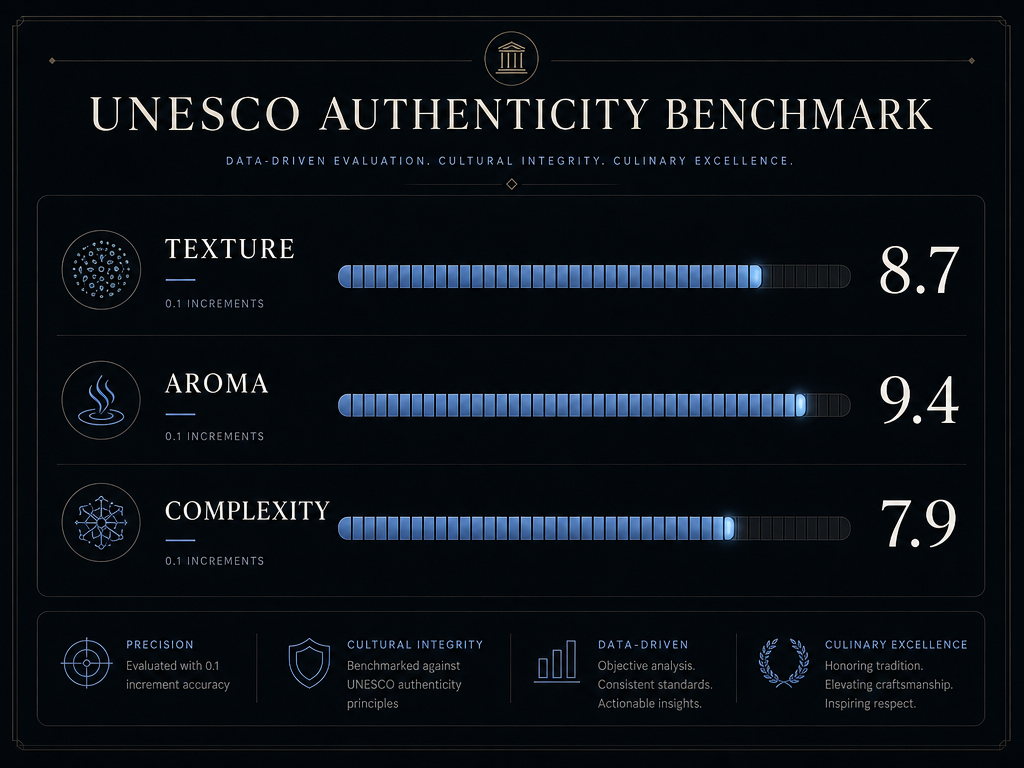 Evaluation dashboard for foodies showing 10-point precision scales for texture, aroma, and complexity with UNESCO authenticity benchmarks.