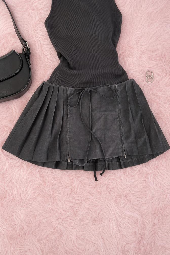 Black Faux Leather Pleated Lace-Up Mini Skirt