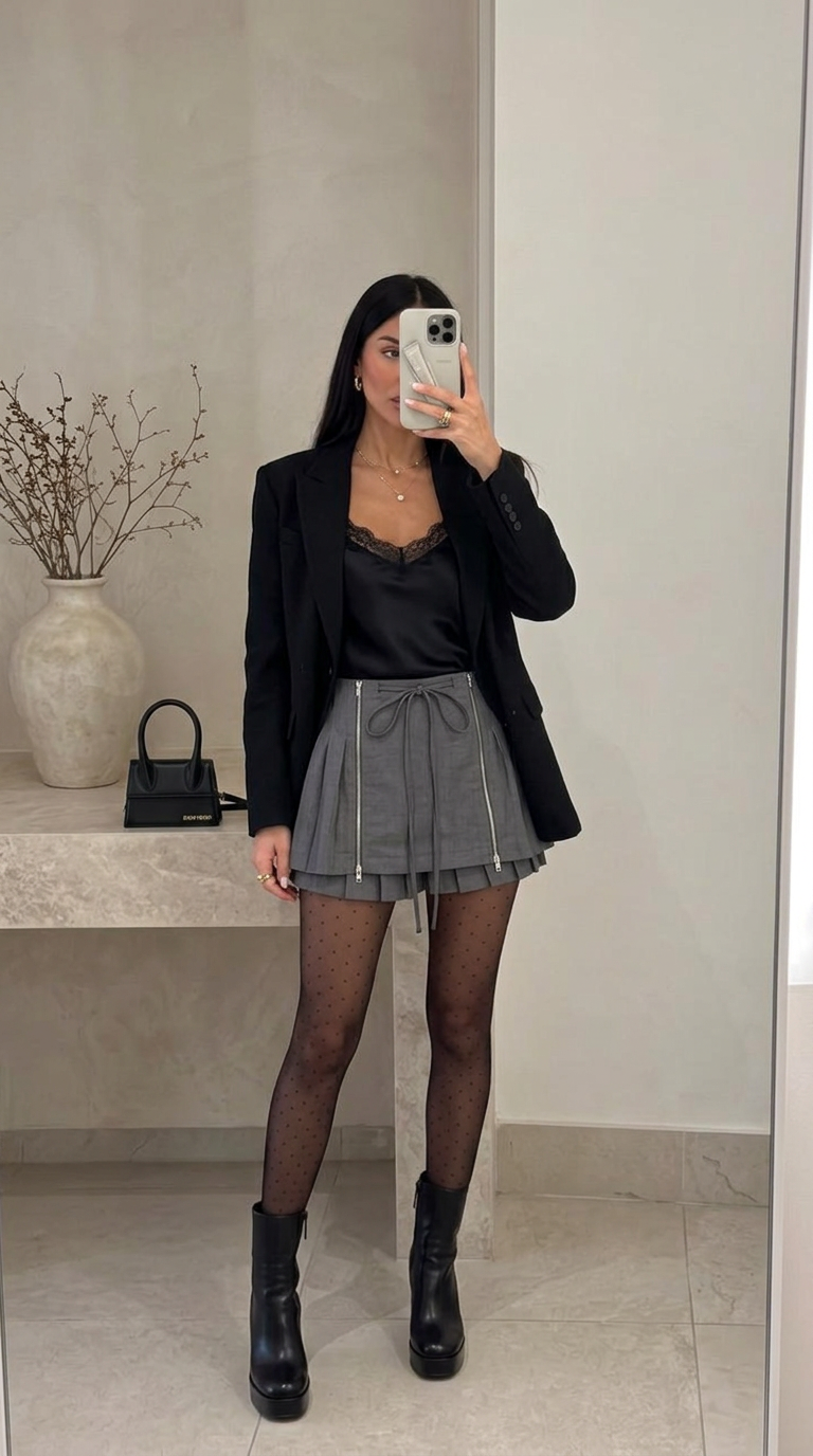 Black Faux Leather Pleated Lace-Up Mini Skirt
