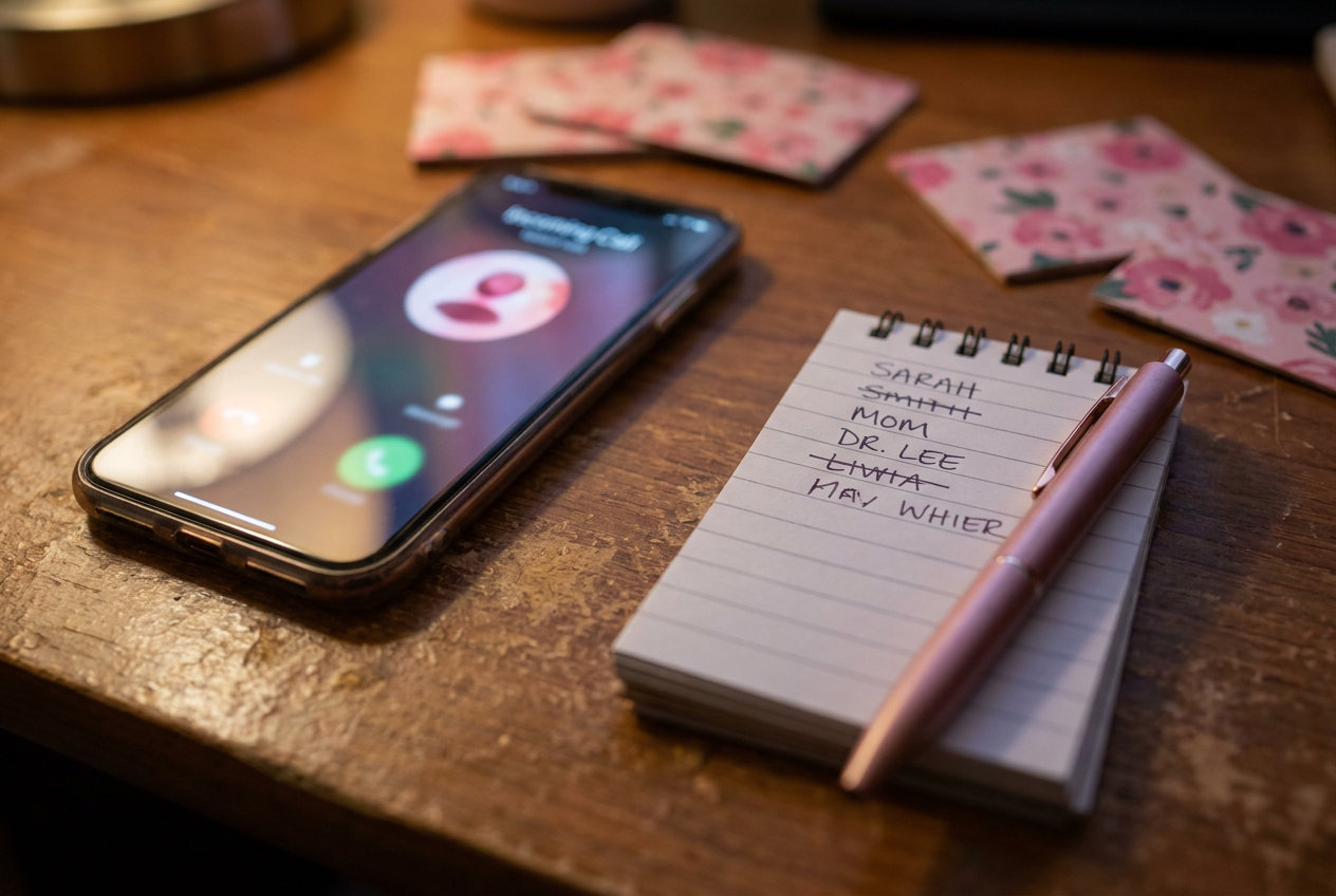 Smartphone met een inkomende oproep naast een blocnote met namen op een bureau, symbool voor snelle leadopvolging