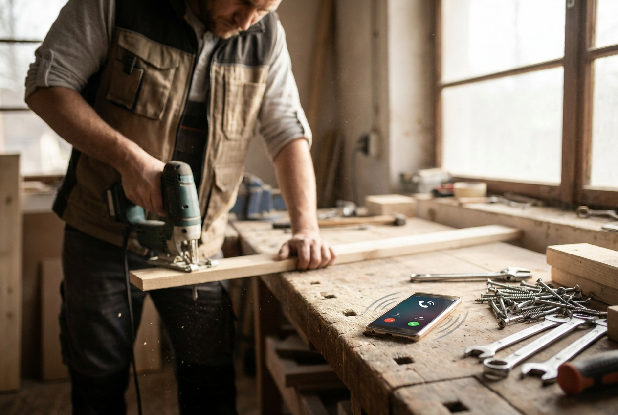 Vakman aan het werk met gereedschap terwijl de telefoon onopgemerkt overgaat op de werkbank