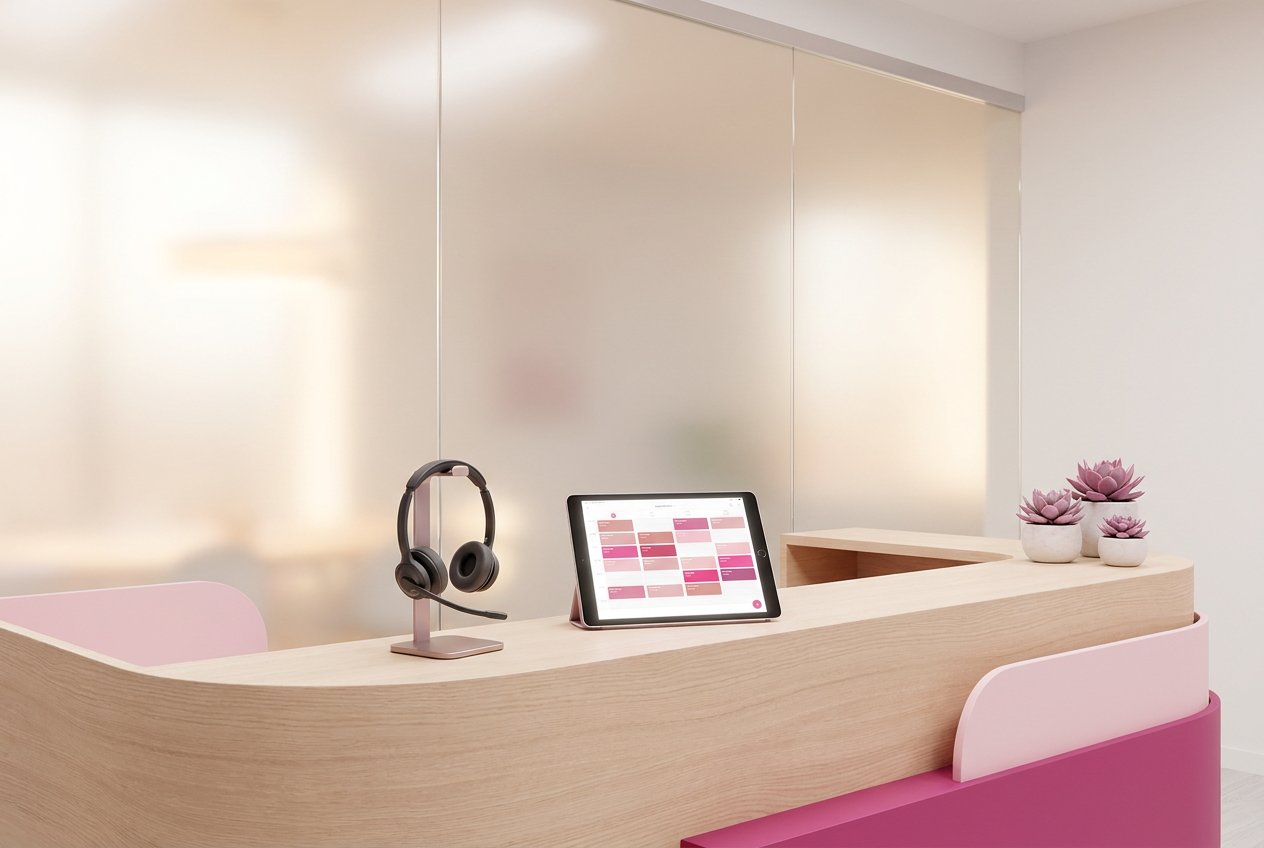 Rustige lichte receptiebalie met headset en een agenda-tablet met ingevulde afspraken, symbool voor een digitale assistente