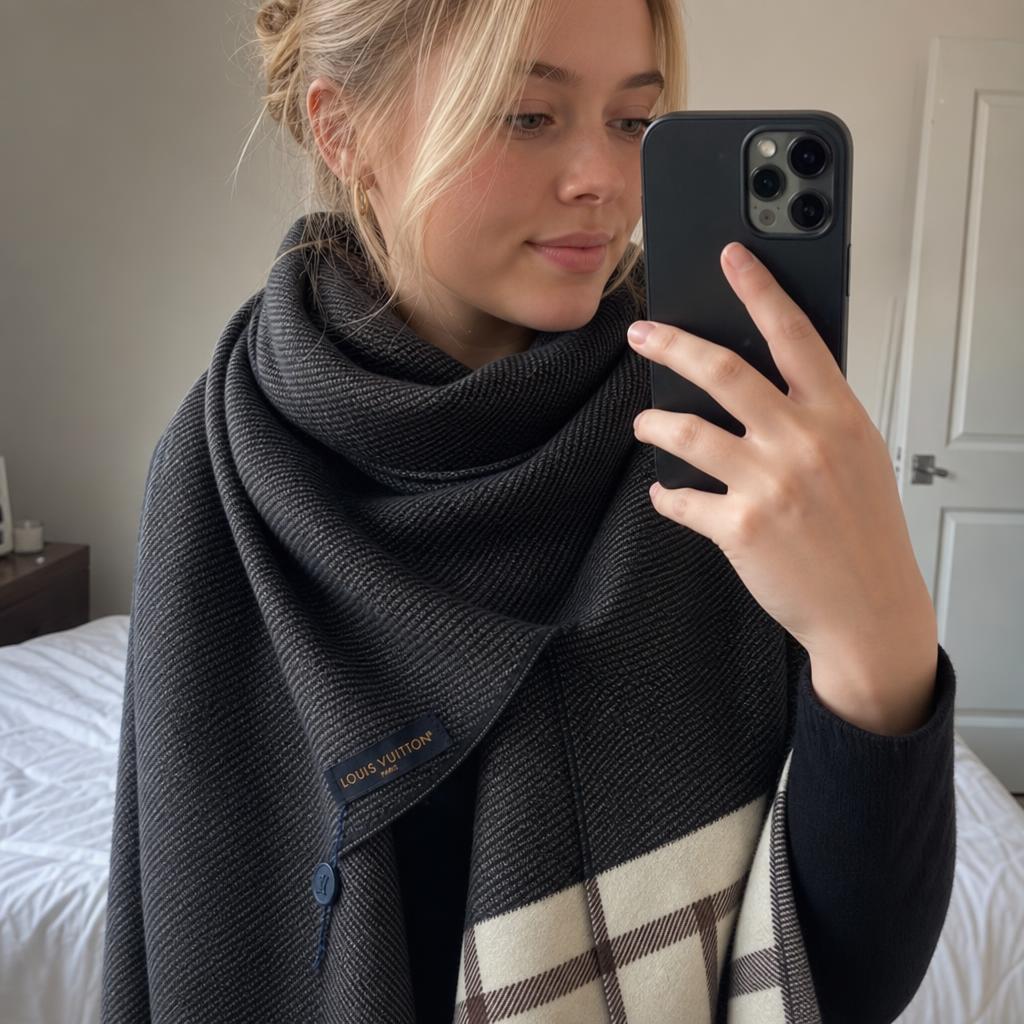 Louis Vuitton Checked Scarf in Black, Cream & Brown – Very Good