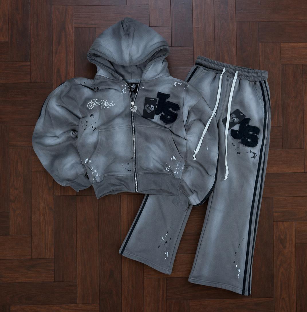 Ju Style Grey Paint-Splatter Hoodie & Jogger Set New