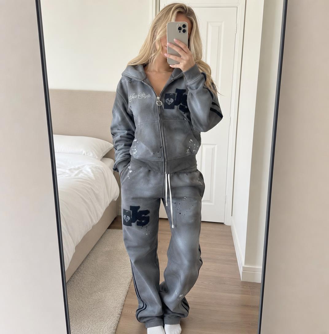 Ju Style Grey Paint-Splatter Hoodie & Jogger Tracksuit Set New