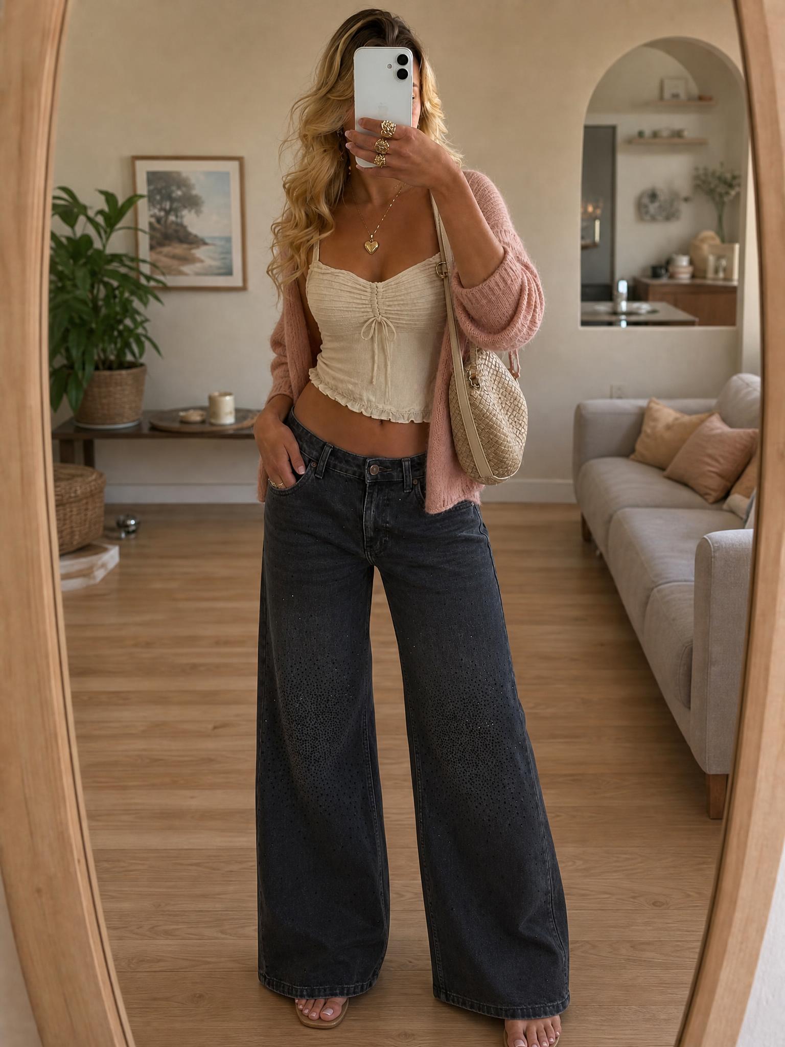 Charcoal Black Wide-Leg Embellished Jeans