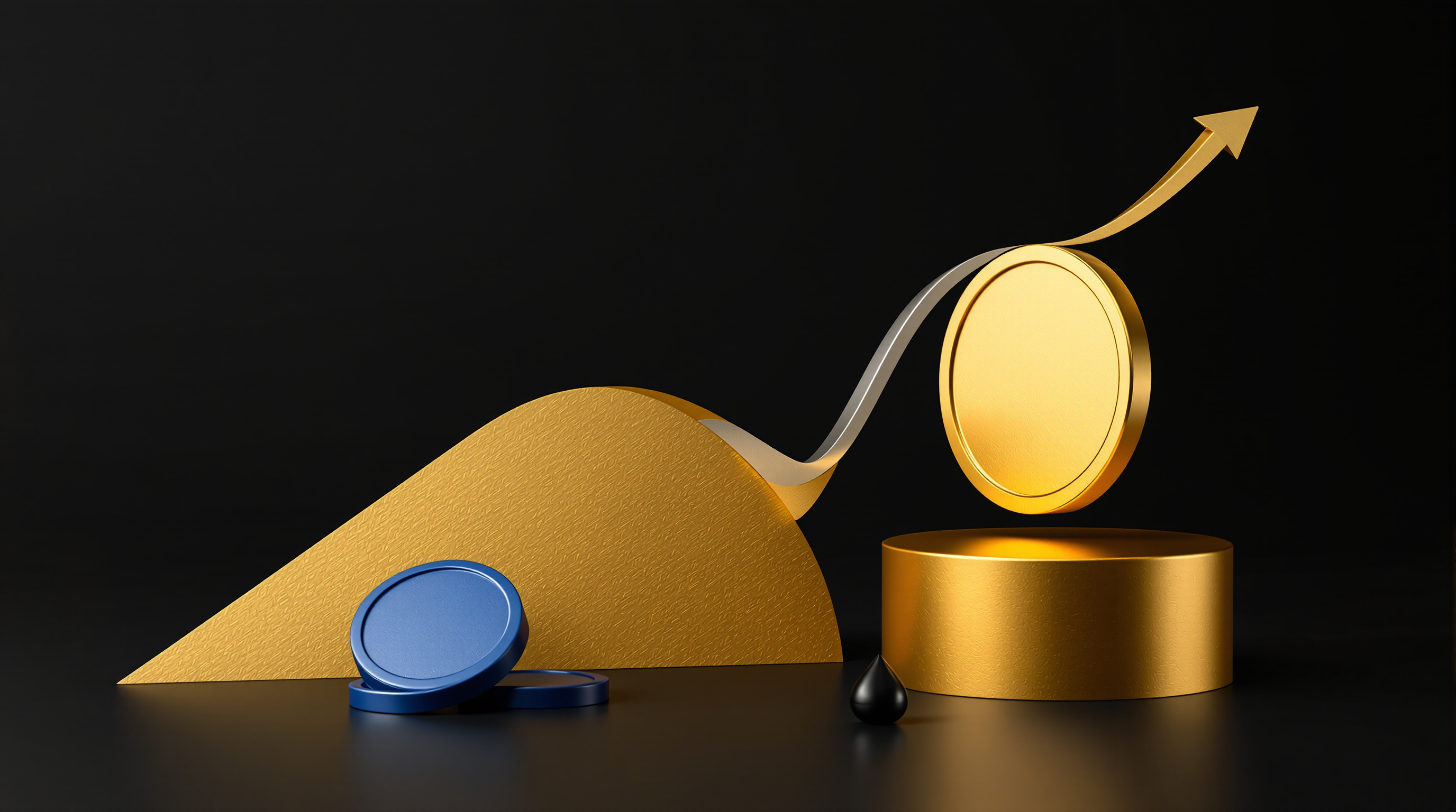 abstract financial still life: rising burnished gold plane, two descending matte blue coin discs, elevated gold bullion pedestal, ascending silver arc — editorial cover artwork for the Knightron story on Tech Lifts Nasdaq As Crypto Slips; Gold Extends Rally On Dol