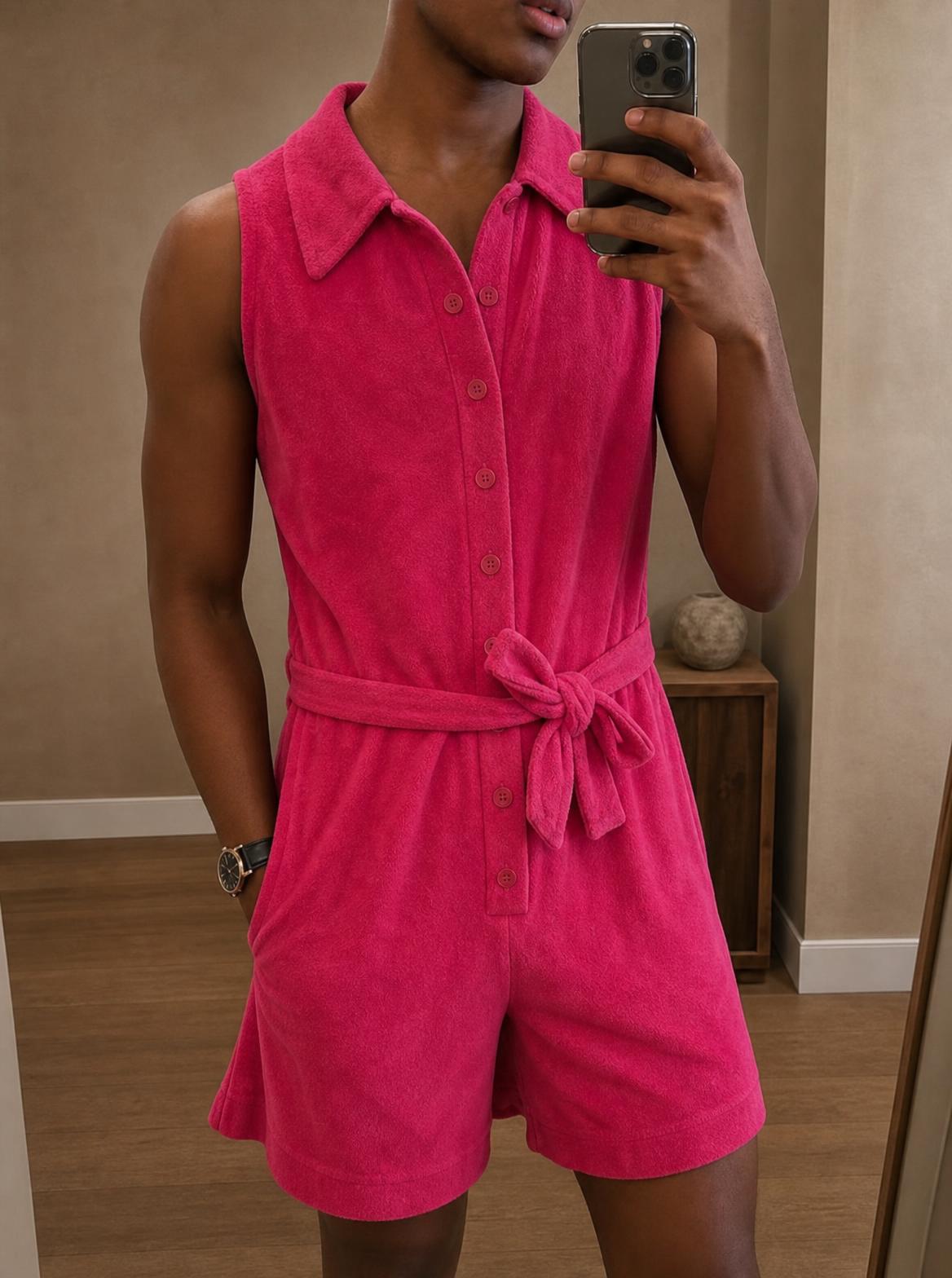 Fuchsia Pink Collared Belted Velour Playsuit New With Tags