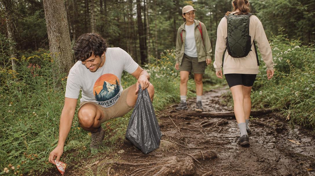 Hikers walking on forest trail with backpacks