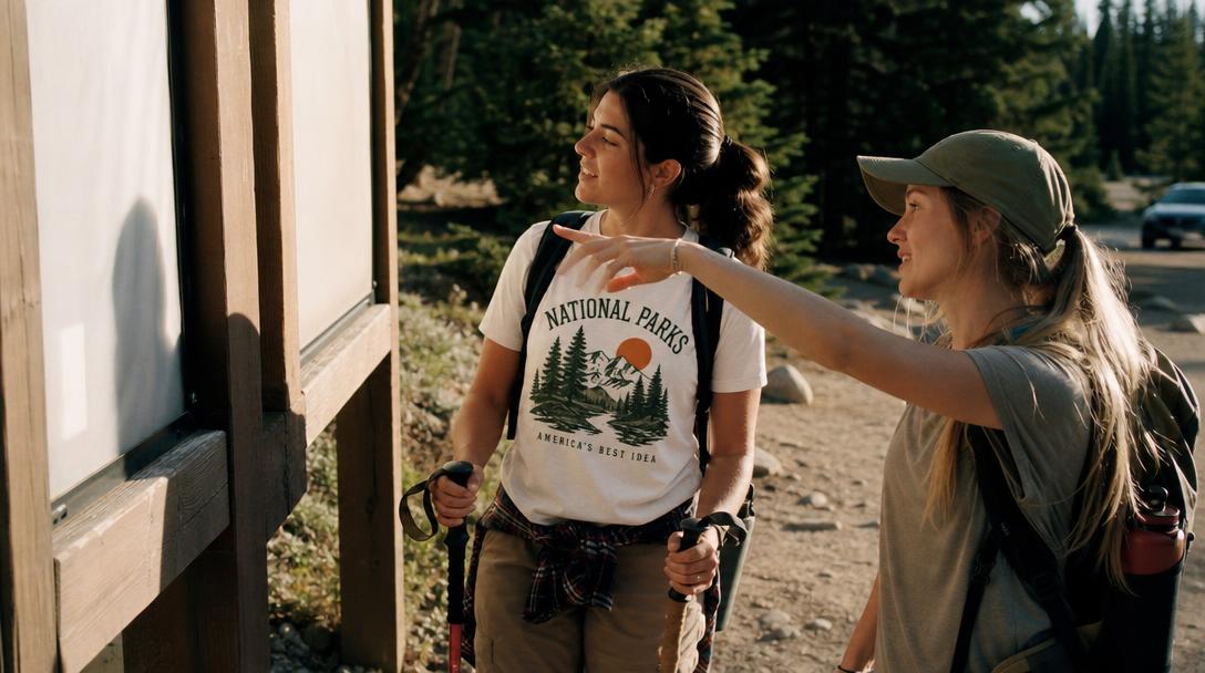 Hiker viewing map on mountain trail