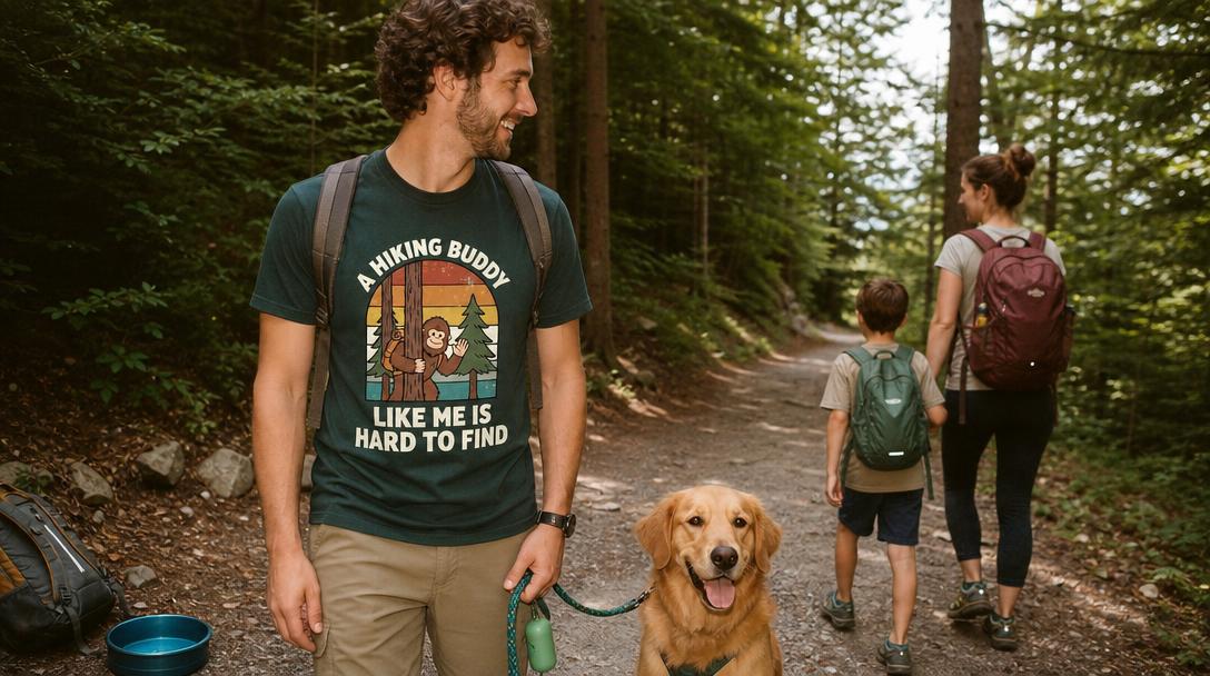 Dog hiking with owner on forest trail