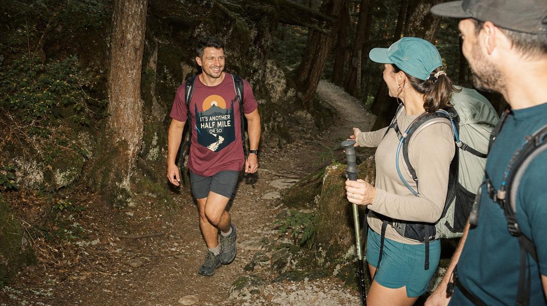 Hikers amicably passing each other on narrow trail