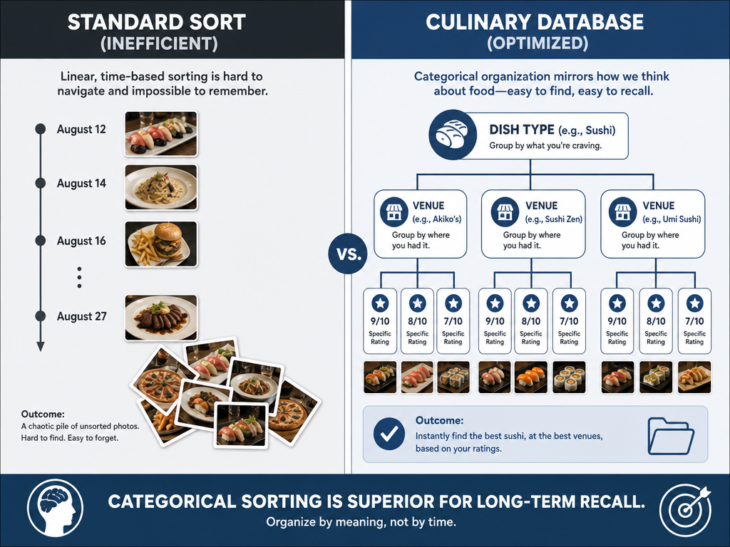Comparison chart showing standard chronological photo sorting versus a culinary-first hierarchy organized by dish type, venue, and rating.