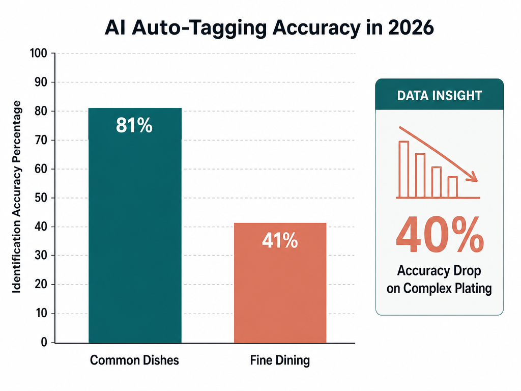 Bar chart comparing AI photo identification accuracy between common dishes at 81 percent and fine dining at 41 percent.