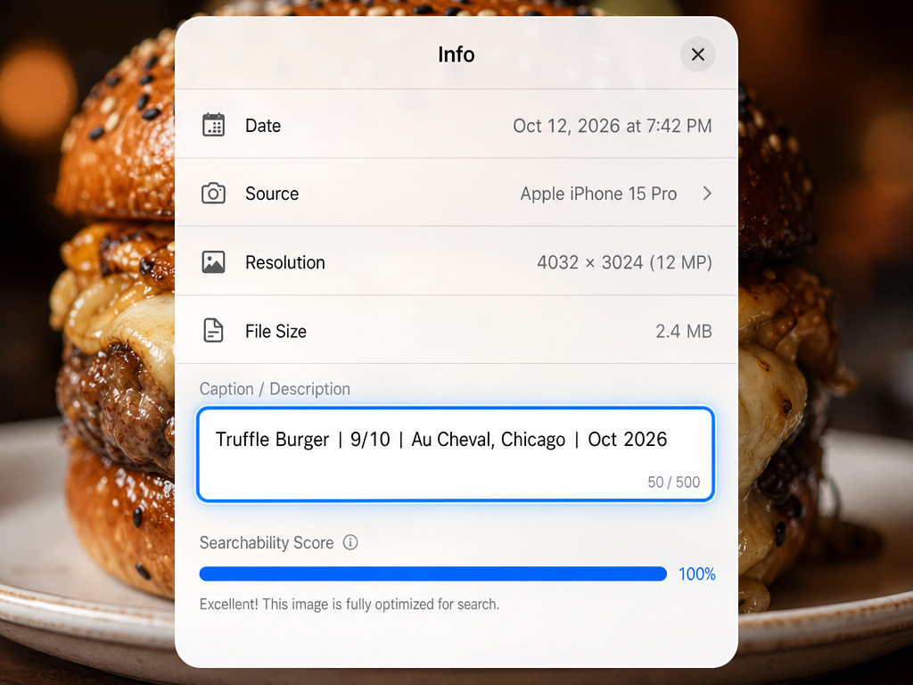 Smartphone UI mockup demonstrating the caption field hack with dish name, rating, venue, and date metadata for better searchability.