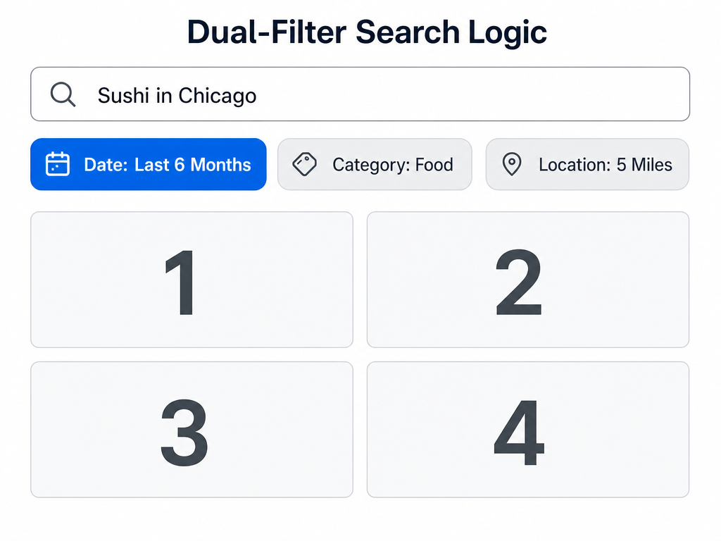 Conceptual UI showing a dual-filter search for sushi in Chicago with date and location parameters applied to photo results.