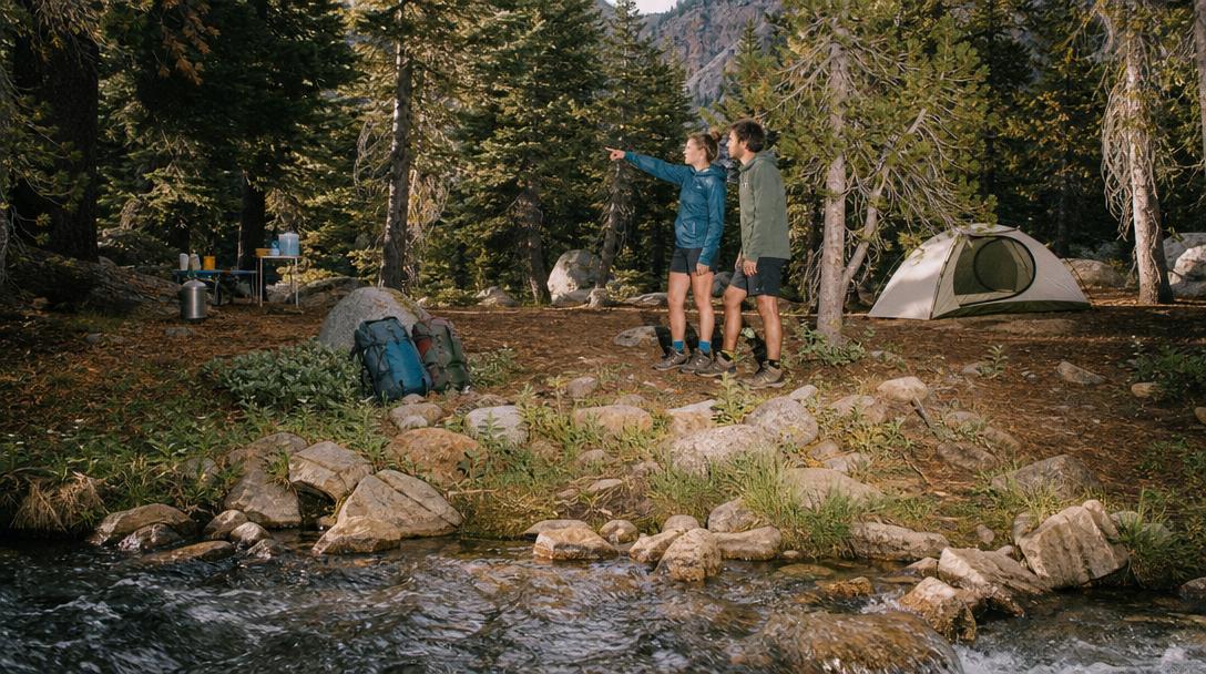 Various campers setting up camp in the wild