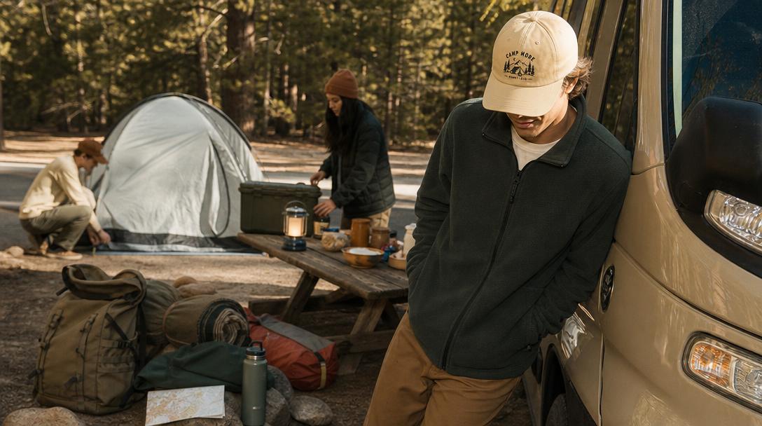 Campers setting up tent and van in forest daytime