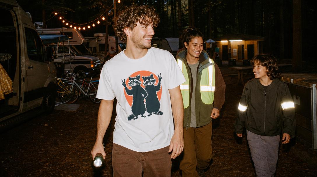 Hiker illuminated by headlamp showing reflective shirt materials
